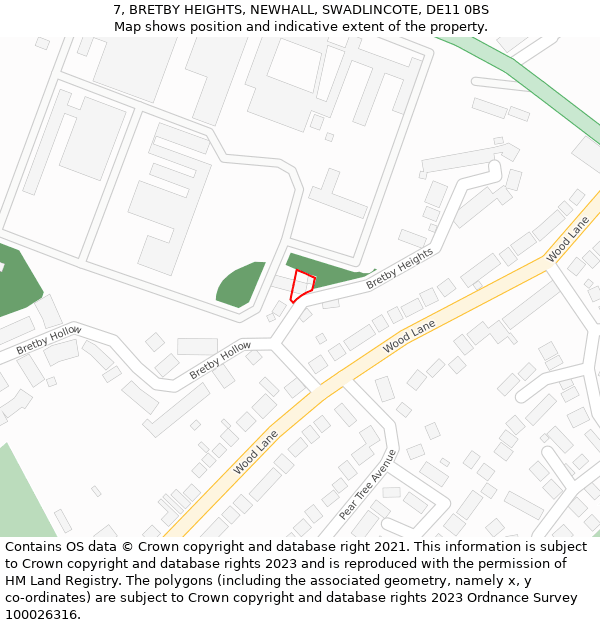 7, BRETBY HEIGHTS, NEWHALL, SWADLINCOTE, DE11 0BS: Location map and indicative extent of plot