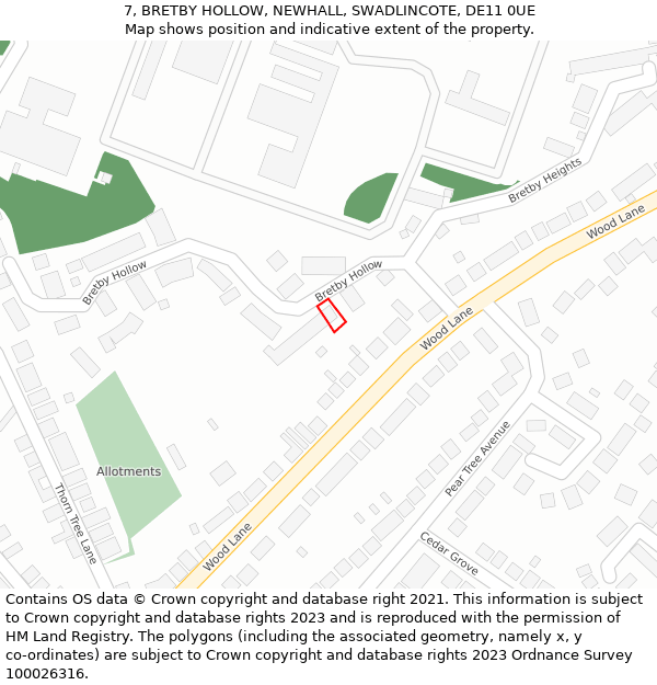 7, BRETBY HOLLOW, NEWHALL, SWADLINCOTE, DE11 0UE: Location map and indicative extent of plot