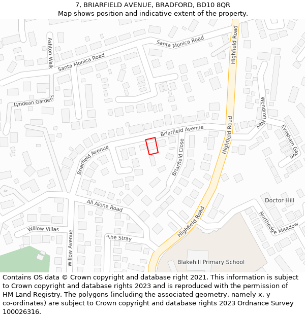 7, BRIARFIELD AVENUE, BRADFORD, BD10 8QR: Location map and indicative extent of plot