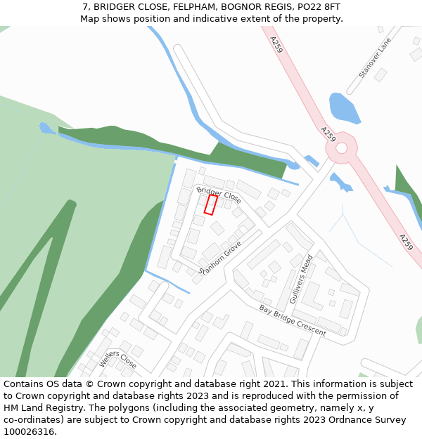 7, BRIDGER CLOSE, FELPHAM, BOGNOR REGIS, PO22 8FT: Location map and indicative extent of plot