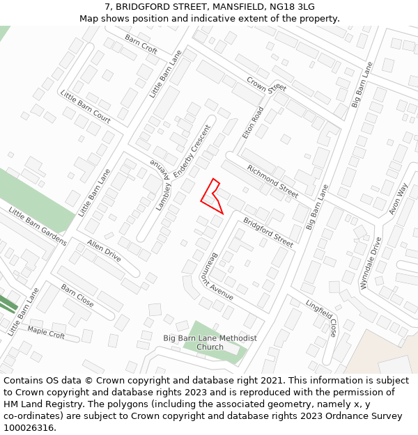 7, BRIDGFORD STREET, MANSFIELD, NG18 3LG: Location map and indicative extent of plot