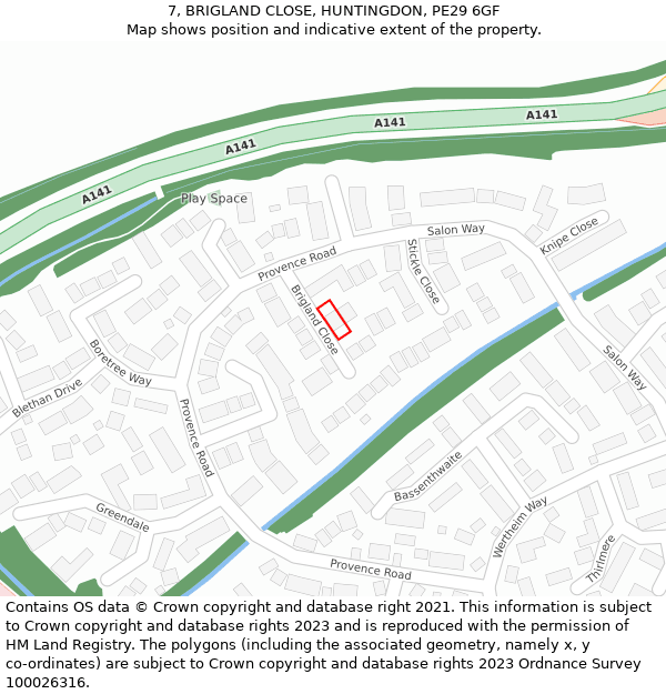 7, BRIGLAND CLOSE, HUNTINGDON, PE29 6GF: Location map and indicative extent of plot