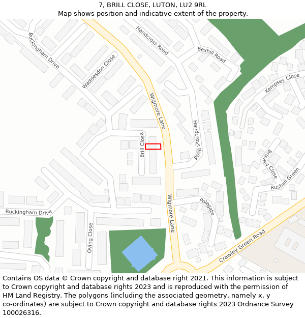 7, BRILL CLOSE, LUTON, LU2 9RL: Location map and indicative extent of plot