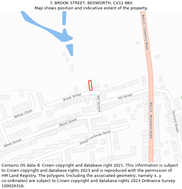 7, BROOK STREET, BEDWORTH, CV12 8BA: Location map and indicative extent of plot