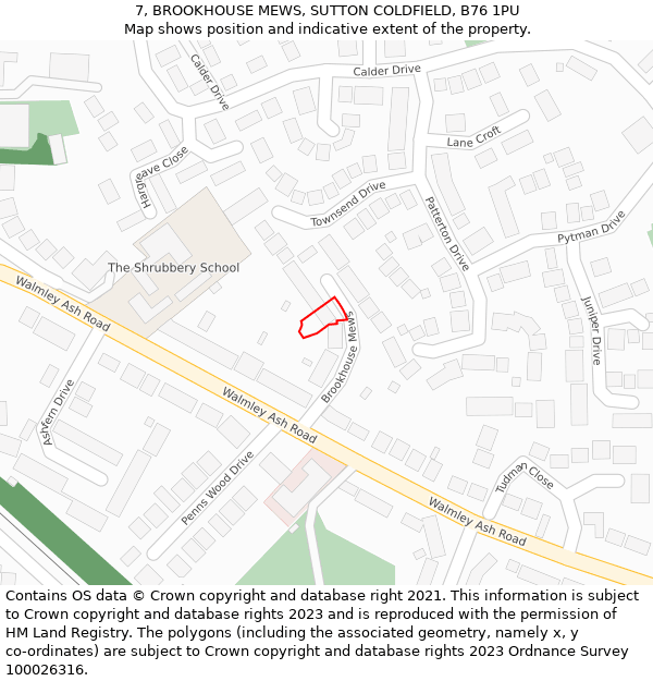 7, BROOKHOUSE MEWS, SUTTON COLDFIELD, B76 1PU: Location map and indicative extent of plot