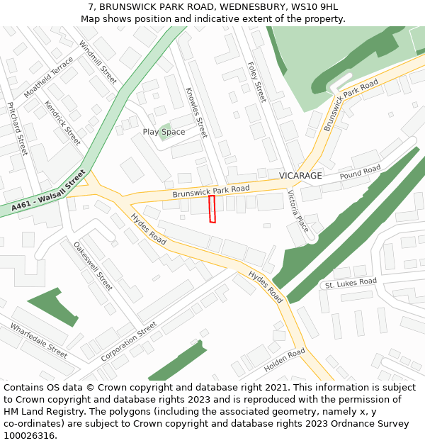 7, BRUNSWICK PARK ROAD, WEDNESBURY, WS10 9HL: Location map and indicative extent of plot