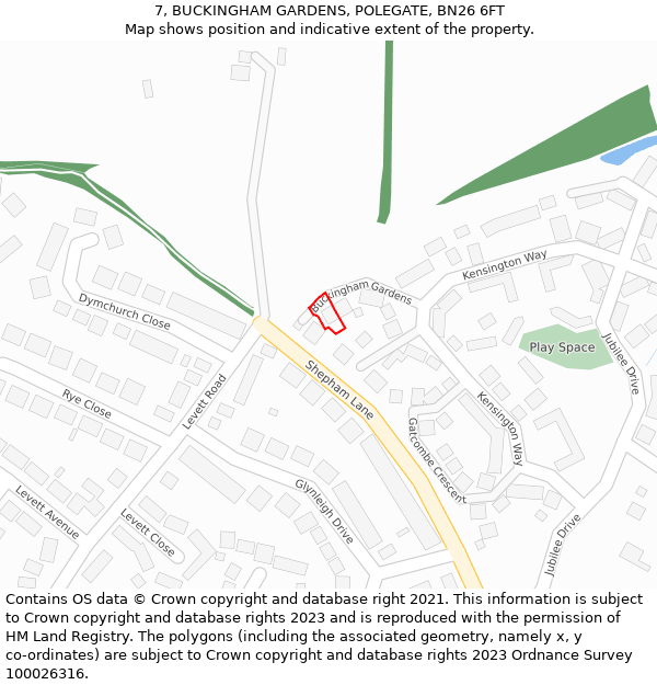 7, BUCKINGHAM GARDENS, POLEGATE, BN26 6FT: Location map and indicative extent of plot