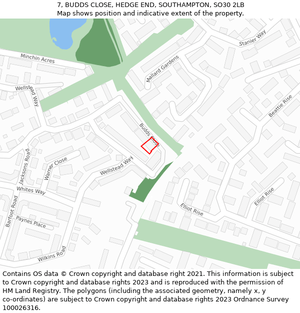 7, BUDDS CLOSE, HEDGE END, SOUTHAMPTON, SO30 2LB: Location map and indicative extent of plot