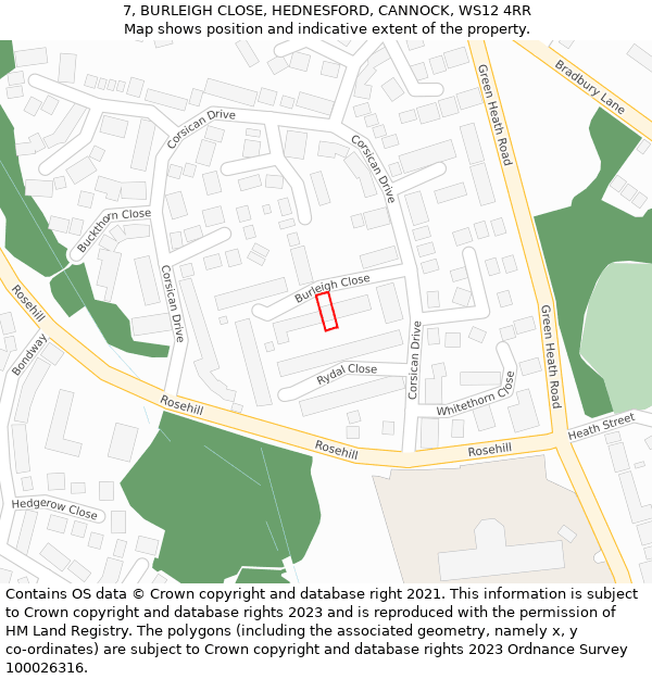7, BURLEIGH CLOSE, HEDNESFORD, CANNOCK, WS12 4RR: Location map and indicative extent of plot