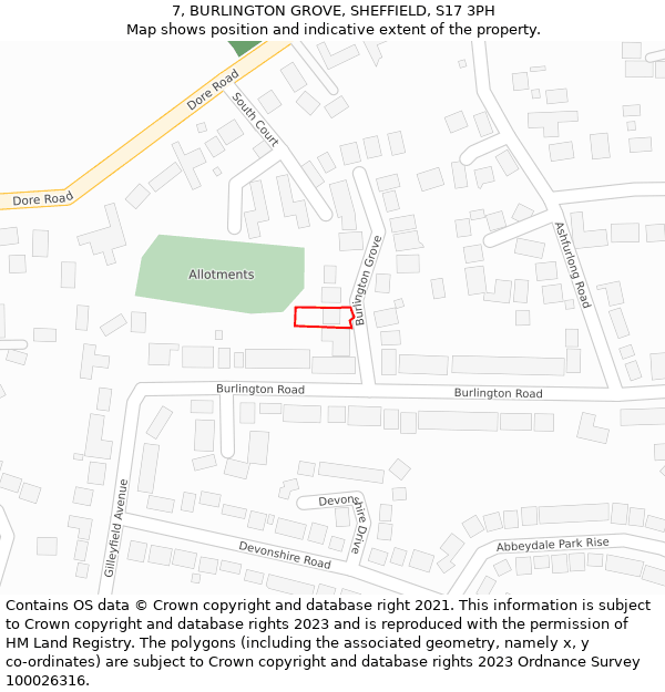 7, BURLINGTON GROVE, SHEFFIELD, S17 3PH: Location map and indicative extent of plot