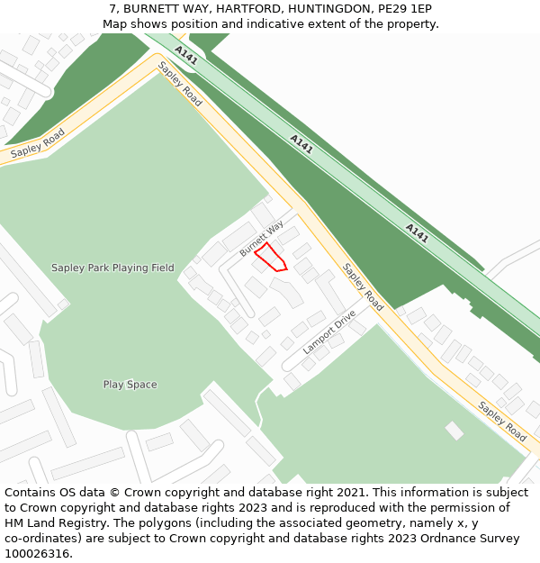 7, BURNETT WAY, HARTFORD, HUNTINGDON, PE29 1EP: Location map and indicative extent of plot