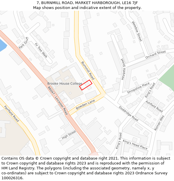 7, BURNMILL ROAD, MARKET HARBOROUGH, LE16 7JF: Location map and indicative extent of plot