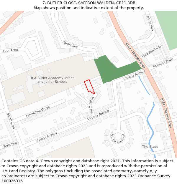 7, BUTLER CLOSE, SAFFRON WALDEN, CB11 3DB: Location map and indicative extent of plot