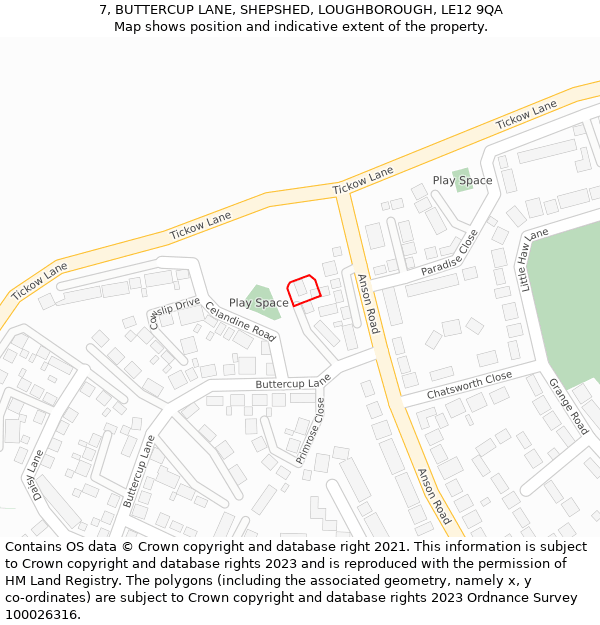 7, BUTTERCUP LANE, SHEPSHED, LOUGHBOROUGH, LE12 9QA: Location map and indicative extent of plot