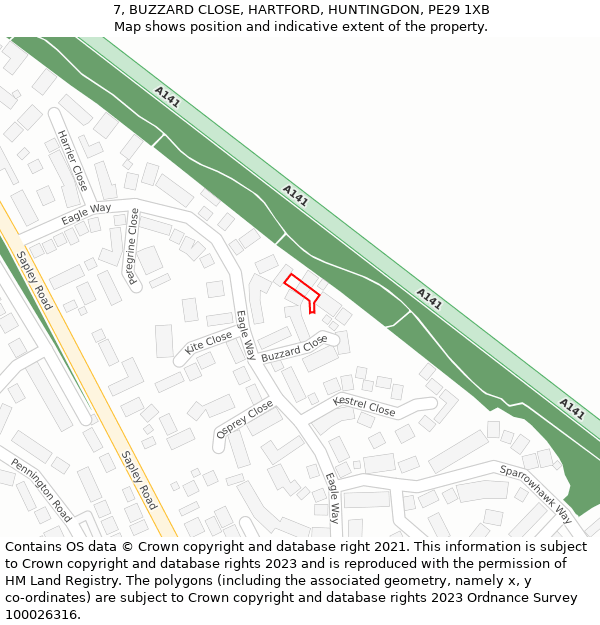 7, BUZZARD CLOSE, HARTFORD, HUNTINGDON, PE29 1XB: Location map and indicative extent of plot