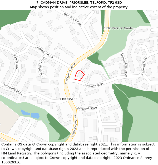 7, CADMAN DRIVE, PRIORSLEE, TELFORD, TF2 9SD: Location map and indicative extent of plot