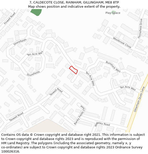 7, CALDECOTE CLOSE, RAINHAM, GILLINGHAM, ME8 8TP: Location map and indicative extent of plot