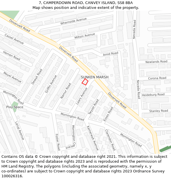 7, CAMPERDOWN ROAD, CANVEY ISLAND, SS8 8BA: Location map and indicative extent of plot