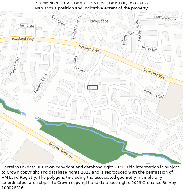 7, CAMPION DRIVE, BRADLEY STOKE, BRISTOL, BS32 0EW: Location map and indicative extent of plot