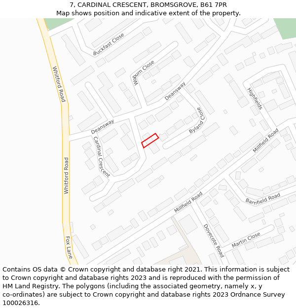 7, CARDINAL CRESCENT, BROMSGROVE, B61 7PR: Location map and indicative extent of plot