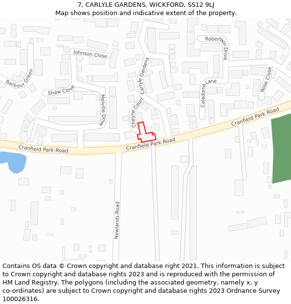 7, CARLYLE GARDENS, WICKFORD, SS12 9LJ: Location map and indicative extent of plot