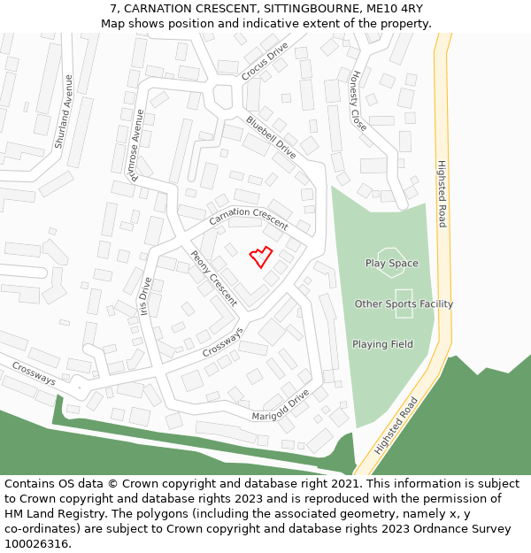 7, CARNATION CRESCENT, SITTINGBOURNE, ME10 4RY: Location map and indicative extent of plot