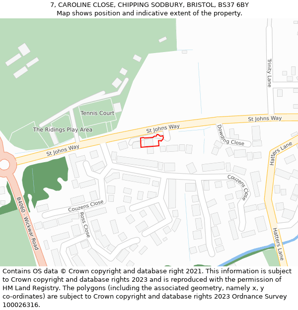 7, CAROLINE CLOSE, CHIPPING SODBURY, BRISTOL, BS37 6BY: Location map and indicative extent of plot