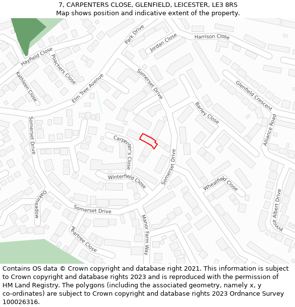 7, CARPENTERS CLOSE, GLENFIELD, LEICESTER, LE3 8RS: Location map and indicative extent of plot