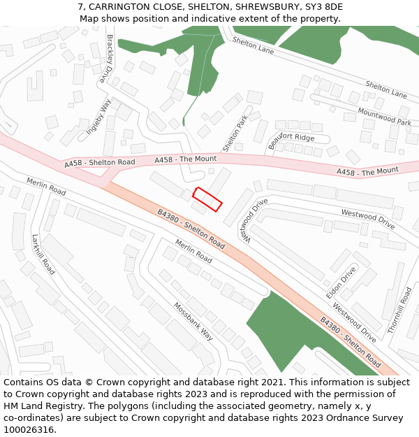 7, CARRINGTON CLOSE, SHELTON, SHREWSBURY, SY3 8DE: Location map and indicative extent of plot