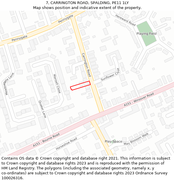 7, CARRINGTON ROAD, SPALDING, PE11 1LY: Location map and indicative extent of plot