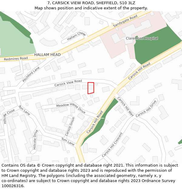 7, CARSICK VIEW ROAD, SHEFFIELD, S10 3LZ: Location map and indicative extent of plot