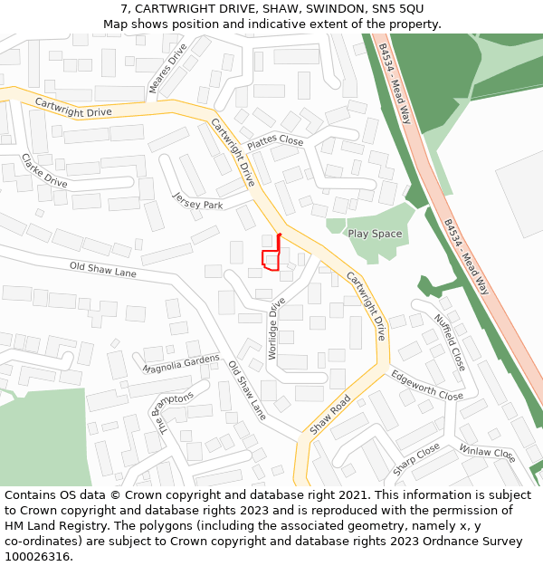 7, CARTWRIGHT DRIVE, SHAW, SWINDON, SN5 5QU: Location map and indicative extent of plot