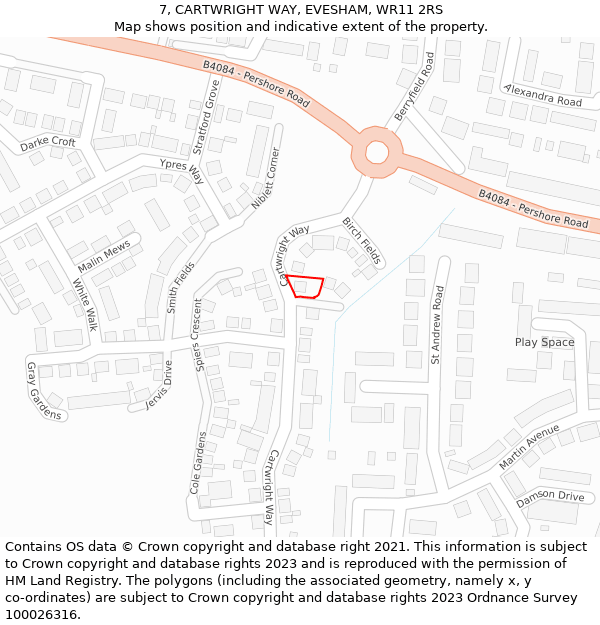 7, CARTWRIGHT WAY, EVESHAM, WR11 2RS: Location map and indicative extent of plot