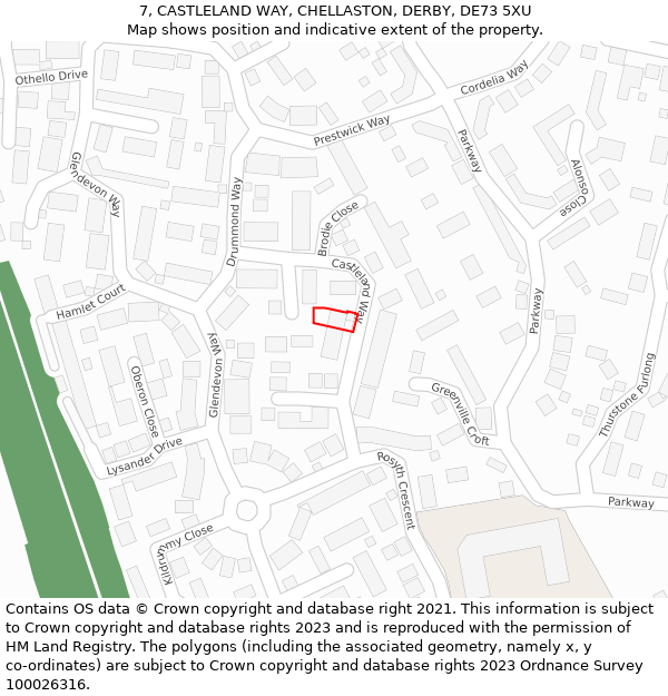 7, CASTLELAND WAY, CHELLASTON, DERBY, DE73 5XU: Location map and indicative extent of plot