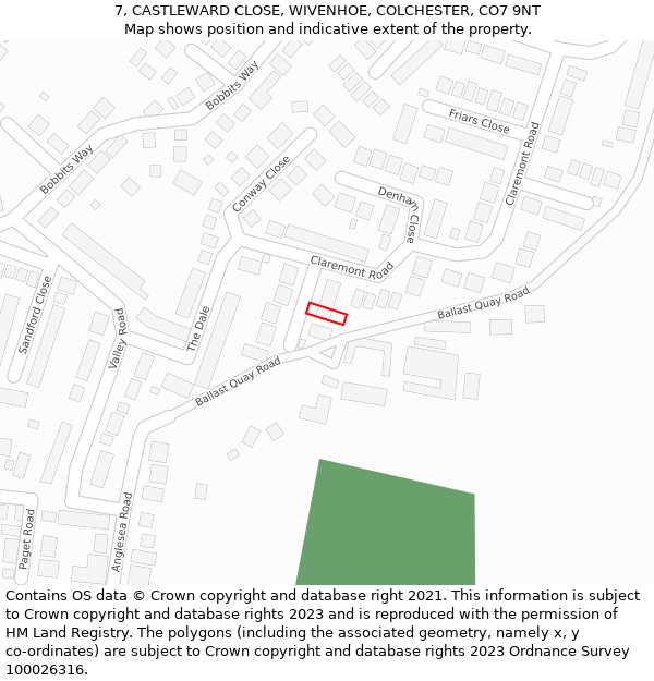 7, CASTLEWARD CLOSE, WIVENHOE, COLCHESTER, CO7 9NT: Location map and indicative extent of plot