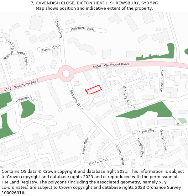 7, CAVENDISH CLOSE, BICTON HEATH, SHREWSBURY, SY3 5PG: Location map and indicative extent of plot