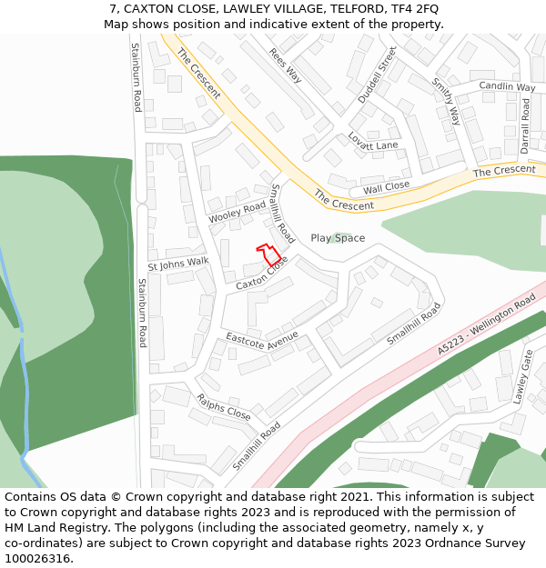7, CAXTON CLOSE, LAWLEY VILLAGE, TELFORD, TF4 2FQ: Location map and indicative extent of plot
