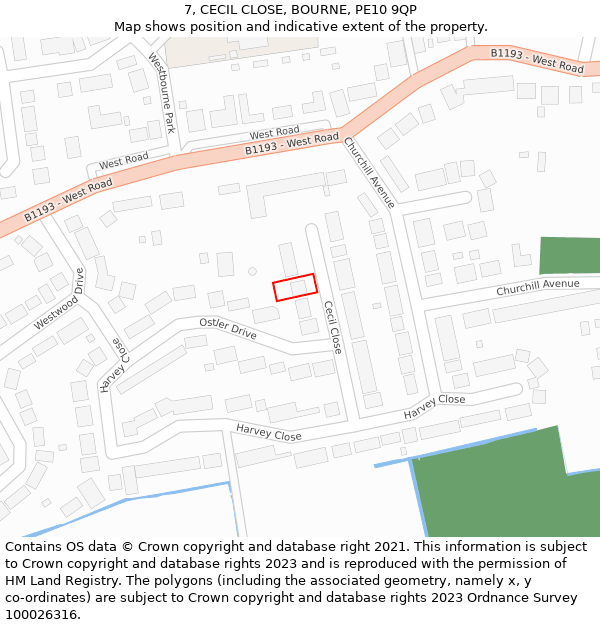 7, CECIL CLOSE, BOURNE, PE10 9QP: Location map and indicative extent of plot