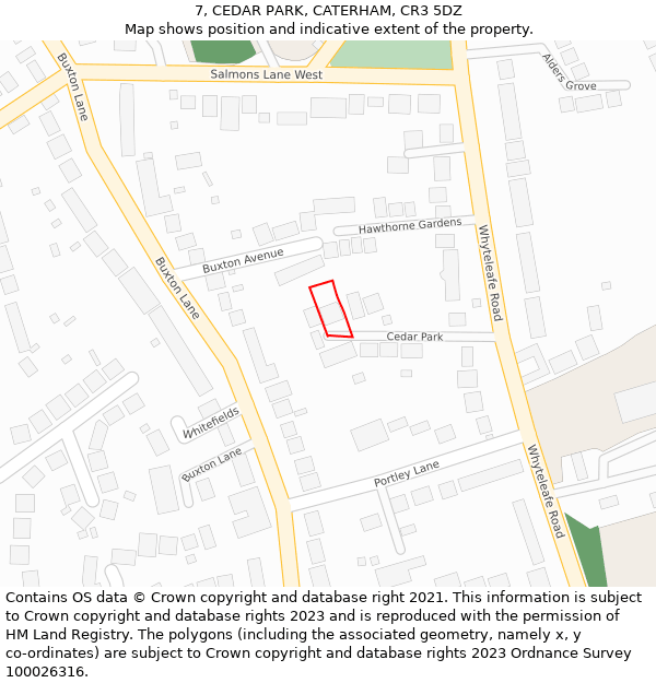 7, CEDAR PARK, CATERHAM, CR3 5DZ: Location map and indicative extent of plot