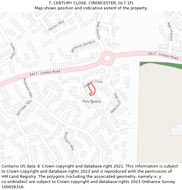 7, CENTURY CLOSE, CIRENCESTER, GL7 1FL: Location map and indicative extent of plot