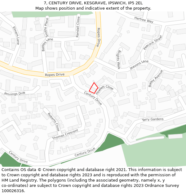 7, CENTURY DRIVE, KESGRAVE, IPSWICH, IP5 2EL: Location map and indicative extent of plot