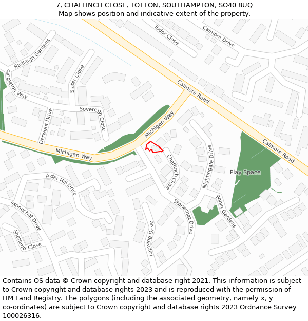 7, CHAFFINCH CLOSE, TOTTON, SOUTHAMPTON, SO40 8UQ: Location map and indicative extent of plot