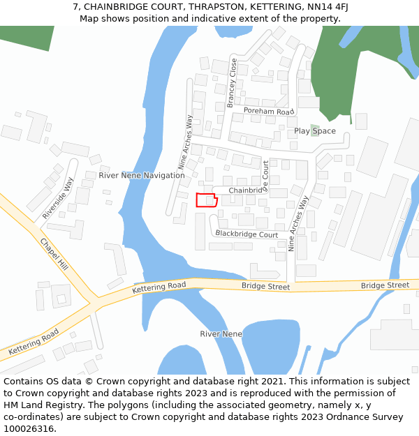 7, CHAINBRIDGE COURT, THRAPSTON, KETTERING, NN14 4FJ: Location map and indicative extent of plot