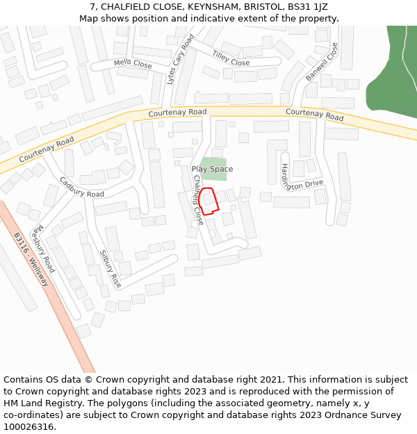 7, CHALFIELD CLOSE, KEYNSHAM, BRISTOL, BS31 1JZ: Location map and indicative extent of plot