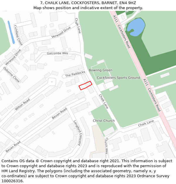7, CHALK LANE, COCKFOSTERS, BARNET, EN4 9HZ: Location map and indicative extent of plot