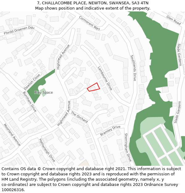 7, CHALLACOMBE PLACE, NEWTON, SWANSEA, SA3 4TN: Location map and indicative extent of plot