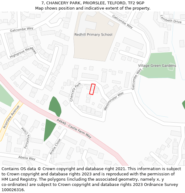 7, CHANCERY PARK, PRIORSLEE, TELFORD, TF2 9GP: Location map and indicative extent of plot