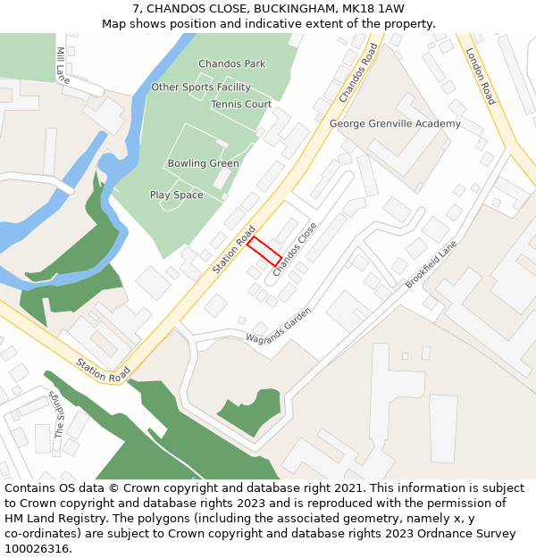 7, CHANDOS CLOSE, BUCKINGHAM, MK18 1AW: Location map and indicative extent of plot