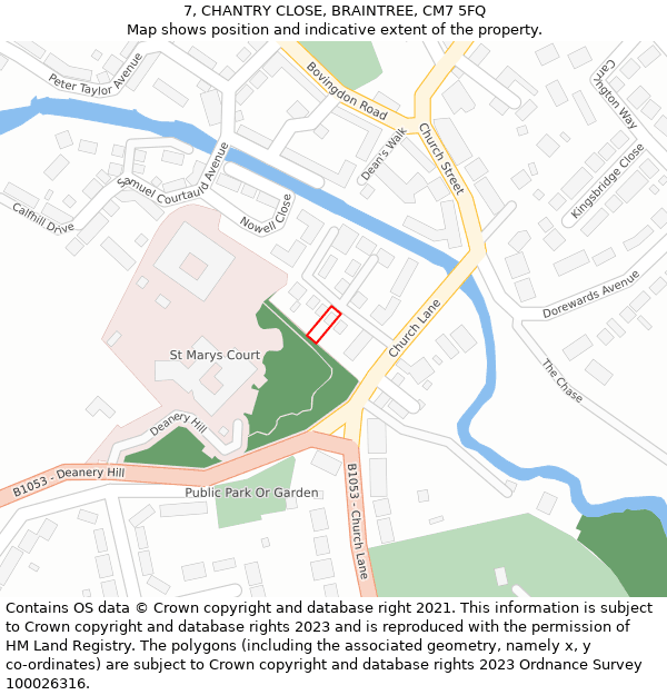 7, CHANTRY CLOSE, BRAINTREE, CM7 5FQ: Location map and indicative extent of plot