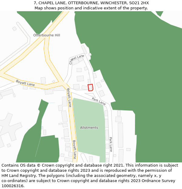 7, CHAPEL LANE, OTTERBOURNE, WINCHESTER, SO21 2HX: Location map and indicative extent of plot